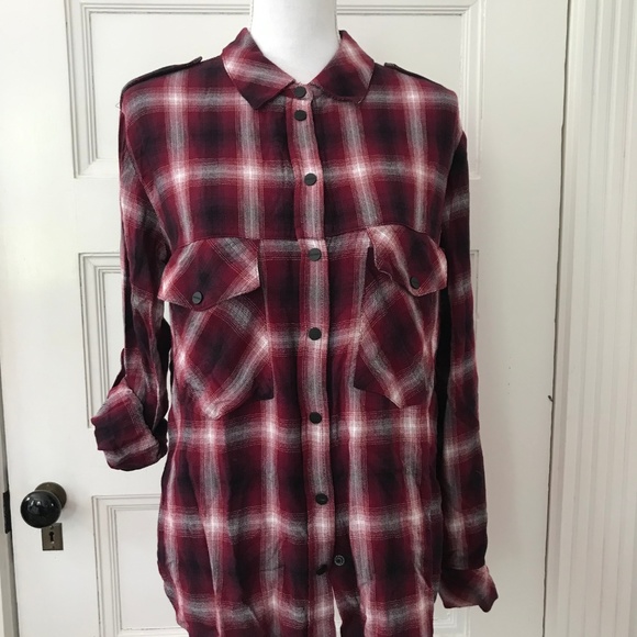 Sanctuary Red Plaid Boyfriend Shirt w/ Snap Front - Picture 7 of 8